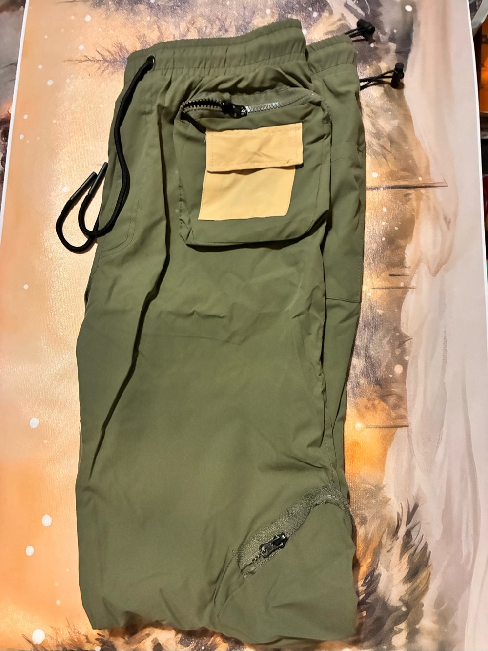 Fashion Nova Olive Green thin polyesterCargo Jogger Pants with Tan Pocket Accent